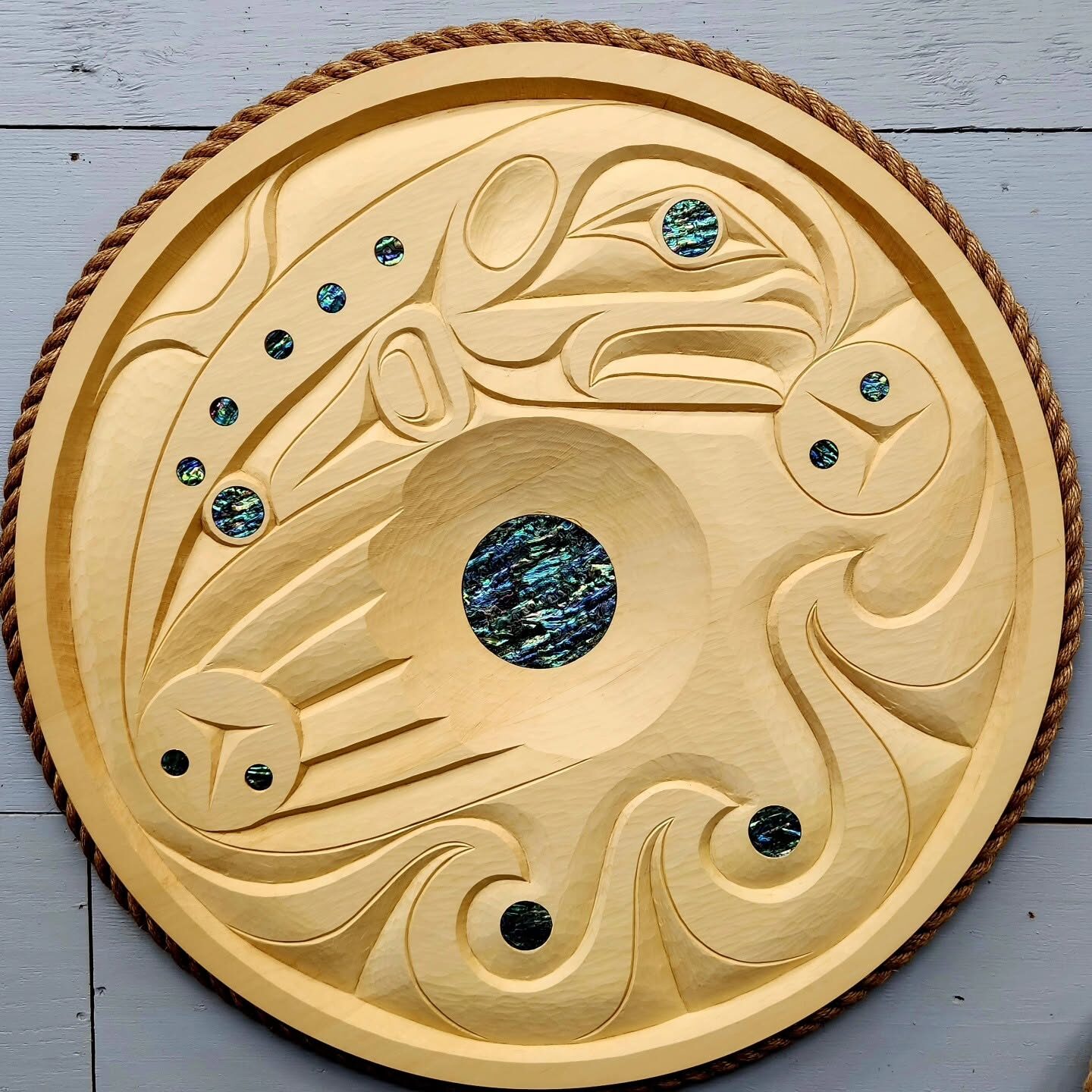 Cream and gold salmon panel with abalone inlays